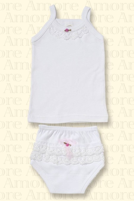 Σετ φανελάκι χωρίς μανίκι και βρακάκι λευκό με δαντέλα Amore
