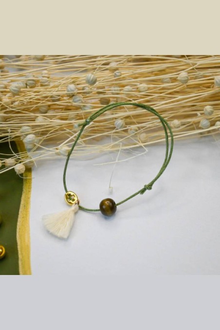 Μαρτυρικό – Βραχιόλι Κορδόνι Χακί με Εκρού Φούντα Chez Art