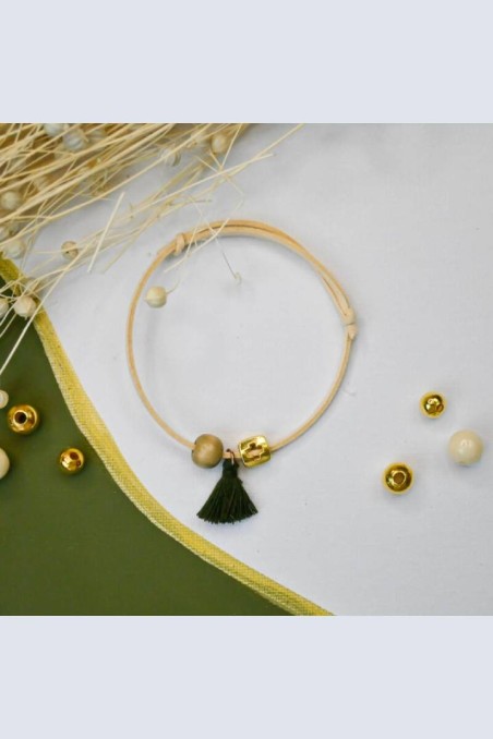 Μαρτυρικό – Βραχιόλι Σουέτ Εκρού με Χακί Φούντα Chez Art