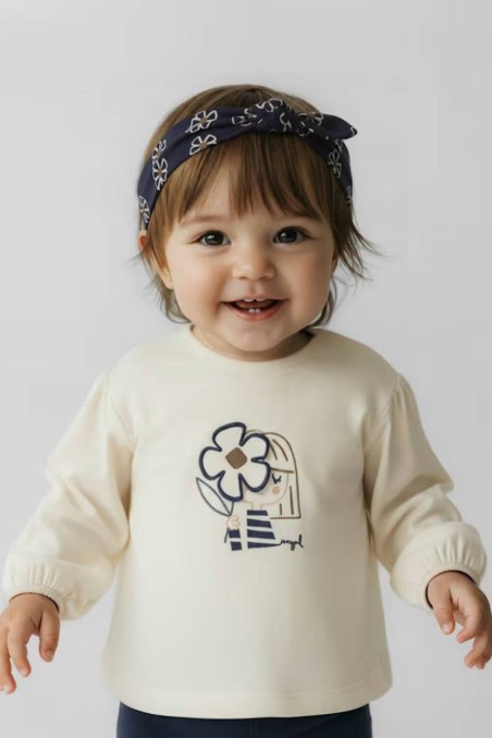 Μπλουζάκι για μωρό κρεμ με λουλούδια και κορδέλα για τα μαλλιά Mayoral