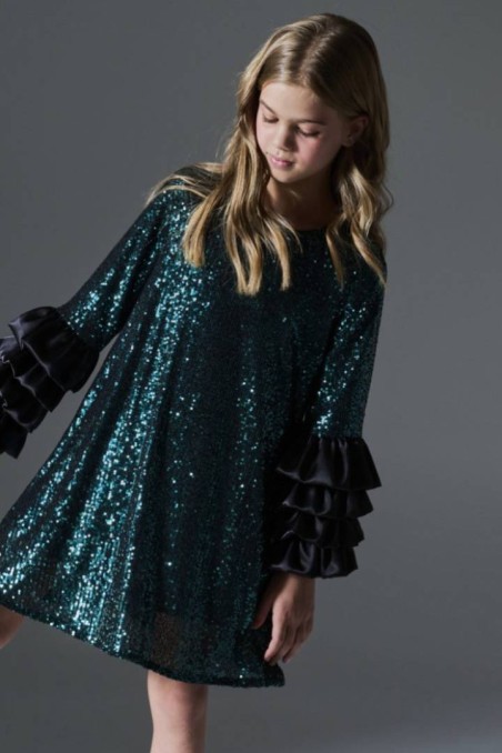 Melin Rose Φόρεμα παγιέτα με βολάν στα μανίκια Κυπαρισσί