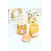 Μπομπονιέρα κερί κίτρινο floral chic με ξύλινο καπάκι